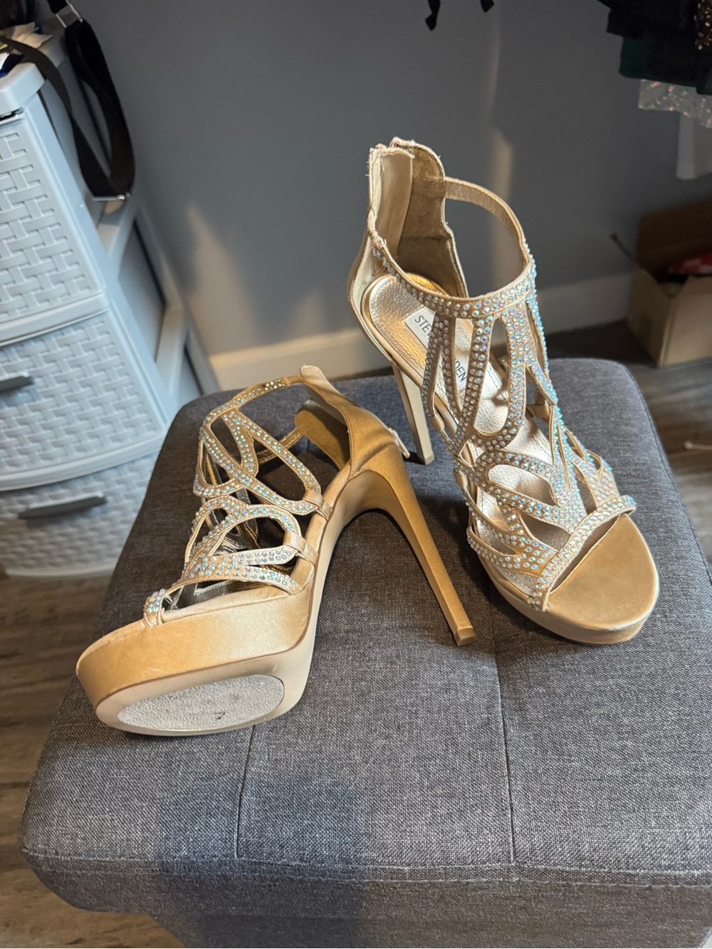 Steve Madden Gold Crystal Strappy Platform Stilettos